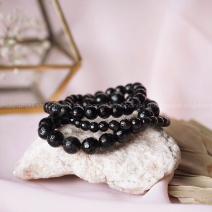 Black Tourmaline Faceted Round Beads Bracelet