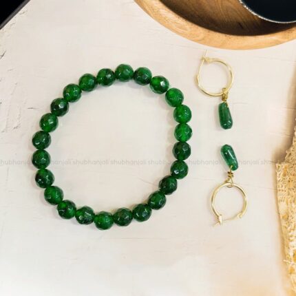 Crystal Green Jade Faceted Bracelet And Earring