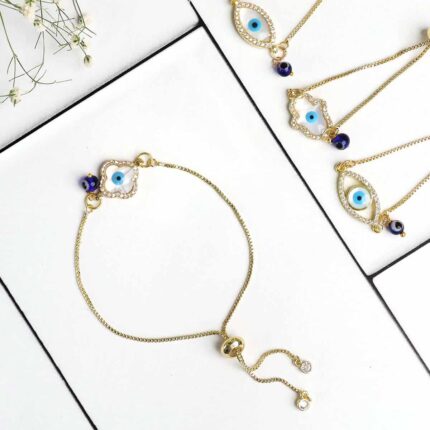 Evil Eye Pearl Charm Golden Chain Bracelet