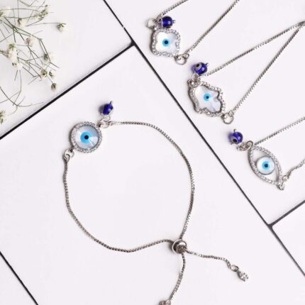 Evil Eye Pearl Charm Silver Chain Bracelet